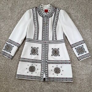 V Cristina Womens Size L White Embroidered‎ Longline Zip Tunic Folk Boho Jacket